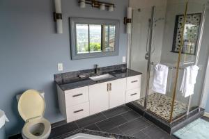 a bathroom with a shower and a toilet and a sink at Stunning Home & Spectacular View in La Mesa