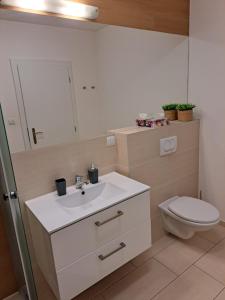 a bathroom with a white sink and a toilet at Adam apartmán in Košice +6 photos