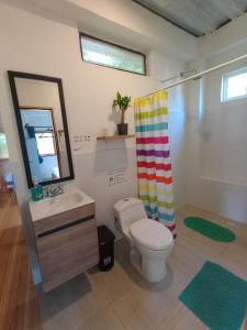 uma casa de banho com um WC, um lavatório e um espelho. em Deluxe Family Suite - In front of the sea em Moñitos