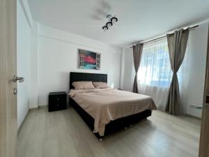 a bedroom with a large bed and a window at Trippin Iasi Apartament in Iaşi