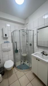 ein Bad mit einer Dusche, einem WC und einem Waschbecken in der Unterkunft Erdgeschoss Apartment am Park im Theaterviertel in Oberhausen in Oberhausen