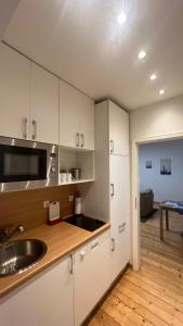a kitchen with white cabinets and a sink at Erdgeschoss Apartment am Park im Theaterviertel in Oberhausen in Oberhausen