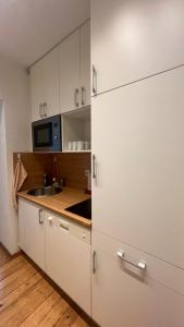 een witte keuken met een wastafel en een magnetron bij Erdgeschoss Apartment am Park im Theaterviertel in Oberhausen in Oberhausen