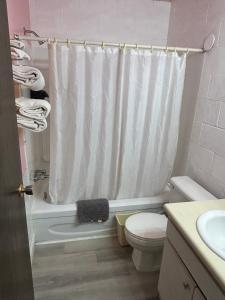 a bathroom with a white shower curtain and a toilet at Road Runner Motel Merritt BC in Merritt