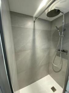 a bathroom with a shower with a shower head at Appartement atypique et fraîchement rénové in Saint-Vallier