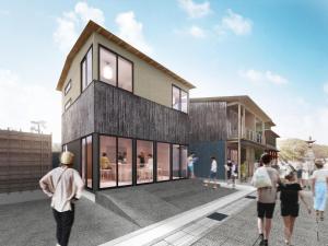 a rendering of a building with people walking around it at SOIL Setoda in Onomichi