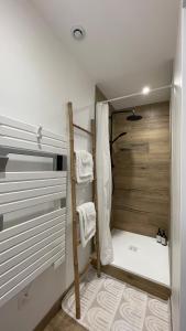 a small bathroom with a shower with white towels at Le Chalet de la Plage in Sévrier