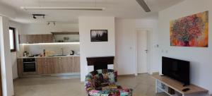 a living room with a tv and a chair at VILLA METATRON U DOMA in Balchik