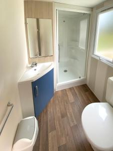 a bathroom with a toilet and a sink and a shower at Cottage C17 – proche Europapark in Boofzheim