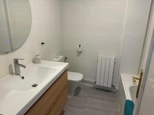 a bathroom with a sink and a toilet and a mirror at Apartamento recién reformado en Ezcaray in Ezcaray +25 photos