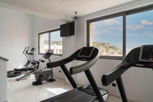 um ginásio com duas passadeiras e duas bicicletas de exercício em SOPHID Wellness Suites Karpathos em Cárpatos