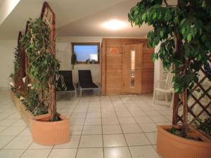 uma sala de estar com plantas em vasos num piso de azulejo em Hortensia -213- em Mittenwald