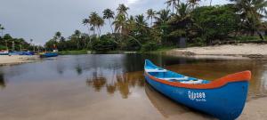 a blue boat sitting on the shore of a river at Gypsea Marari in Alleppey