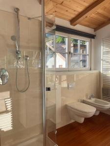 uma casa de banho com um chuveiro, um WC e um lavatório. em Apartment Cesa Collina Superior em Ortisei