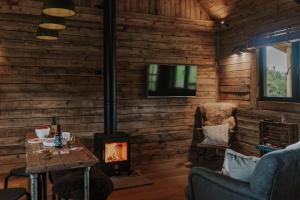 a living room with a fireplace and a tv at Woolly Wood Cabins - Bryn in Llandrindod Wells