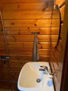 La salle de bains est pourvue d'un lavabo dans un mur en bois. dans l'établissement Family-friendly Cottage By Stoense Beach, à Tranekær