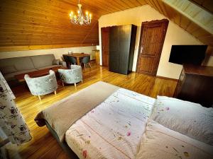 イステブナにあるApartamenty -Domki Istebna 1544のベッドルーム(大型ベッド1台付)、リビングルームが備わります。