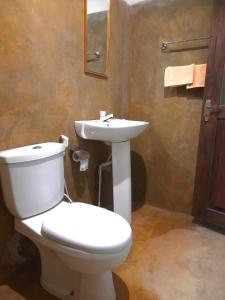 Łazienka z białą toaletą i umywalką w obiekcie Silver Hill Ecovillage w mieście Kurunegala