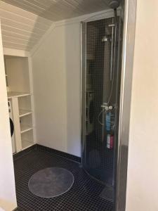 a bathroom with a shower with a black tiled floor at Basement apartment in Sandefjord