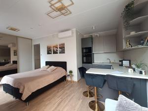 um pequeno quarto com uma cama e uma cozinha em Stiilne ja avar kodu Tartus, Riia 20 em Tartu