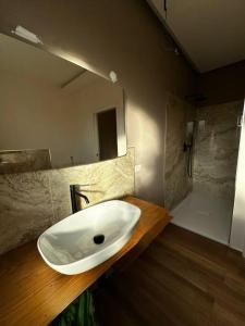 ein Badezimmer mit einem weißen Waschbecken und einer Dusche in der Unterkunft Penthouse Ryder Cup in Rom