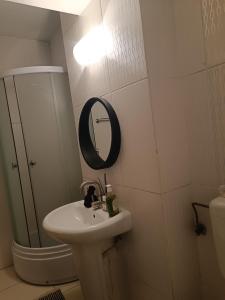 ein weißes Badezimmer mit einem Waschbecken und einem Spiegel in der Unterkunft Tree VI House in Roşu