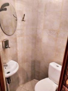 a bathroom with a sink and a toilet and a mirror at Inn Khlibodarskiy in Khlibodarske