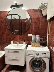 La salle de bains est pourvue d'un lave-linge et d'un miroir. dans l'établissement Apartament Ponikwoda, à Lublin