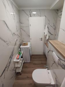 Baño blanco con aseo y lavamanos en Apartments Šarić, en Makarska