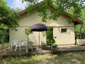 uma casa com uma mesa e cadeiras e um guarda-sol em Idyllisches Ferienhaus em Siófok