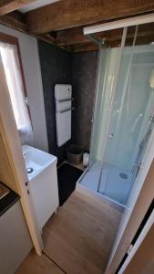 La salle de bains est pourvue d'une douche et d'un lavabo. dans l'établissement ***NOUVEAU*** Petit chalet sur Bolquère, à Bolquère-Pyrénées 2000