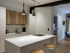 een keuken met een wit aanrecht en houten kasten bij Apartamento en el Casco Viejo in Bilbao