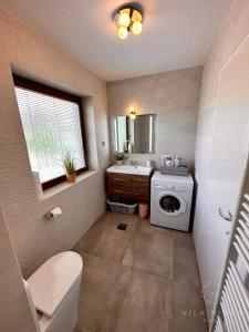 a bathroom with a washing machine and a sink at Vila Minka Bled - Perfect Family Vacation Home in Bled