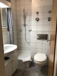 La salle de bains est pourvue de toilettes, d'un lavabo et d'une douche. dans l'établissement Nettes Apartment in Würzburg, à Wurtzbourg
