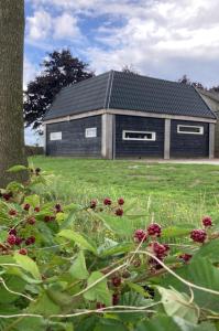 een huis met een zwart dak in een veld bij De Barg in Vinkenbuurt