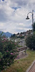a park bench sitting next to flowers and a street light at Residence Laguna Beach in Pianello Del Lario