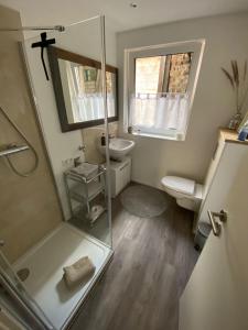 een badkamer met een douche, een toilet en een wastafel bij Gemütliche Wohnung zum Wohlfühlen in Bergrheinfeld