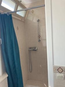 a shower with a blue shower curtain in a bathroom at Longère du Perche in Montigny-le-Chartif