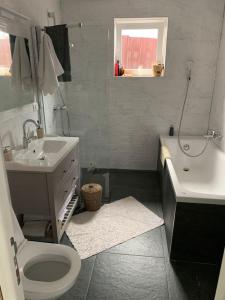 La salle de bains est pourvue d'un lavabo, de toilettes et d'une baignoire. dans l'établissement Casa individuala cu gradina, à Botoşani