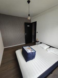 Un dormitorio con una cama grande con una bolsa azul. en Chez Maxmandine, en Givet