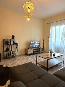 sala de estar con sofá y TV en Άνετο διαμέρισμα - Κέντρο Ξάνθης, en Xanthi