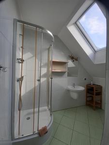 uma casa de banho com um chuveiro e um lavatório. em Zielony Zakątek domki i pokoje 661-038-537 em Polańczyk