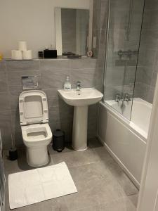 a bathroom with a toilet and a sink and a shower at Luxe City Centre in Birmingham
