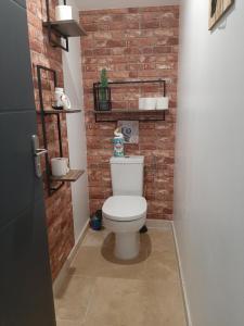 a bathroom with a toilet and a brick wall at Chez Monique et Rémi in Avignon