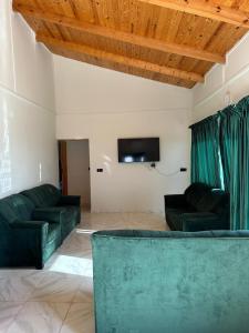 salon z zielonymi meblami i telewizorem z płaskim ekranem w obiekcie Villa Clémentine piscine privée - 6 pers w mieście Berkane