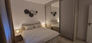 a bedroom with a bed and a large mirror at CrisApart04 in Moşniţa Veche