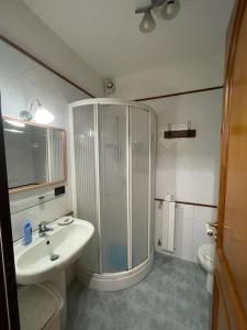 bagno con doccia, lavandino e servizi igienici di La casa nel cortile a Castelbuono