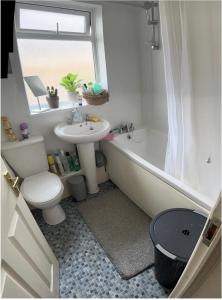 a bathroom with a toilet and a sink and a tub at Lovely private room 