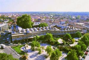 eine Luftansicht eines großen Gebäudes mit Bäumen und Gebäuden in der Unterkunft Rüstempaşa Kervansaray Hotel in Edirne