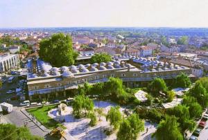 een luchtzicht op een groot gebouw met bomen en gebouwen bij Rüstempaşa Kervansaray Hotel in Edirne